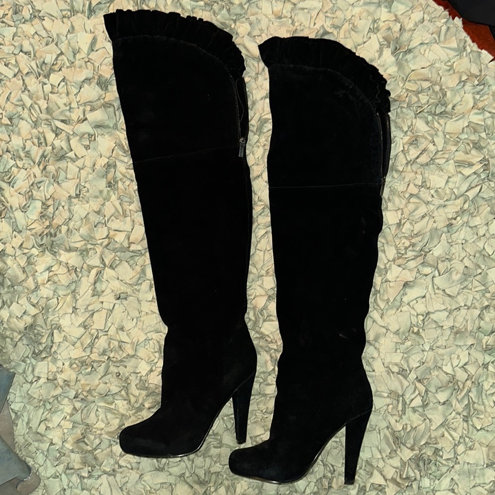 Above the Knee Black Suede Boots with cute ruffle